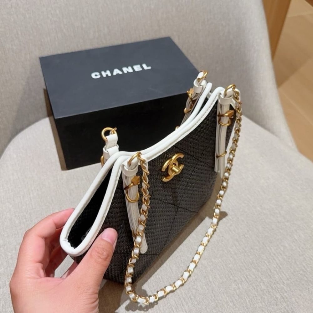 Chanel Small Shopping Bag Braided Raffia Black And White 18Cm AS6015 B22594 U5559 - Image 6
