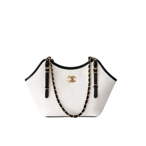 Chanel Small Shopping Bag Braided Raffia White And Black 18Cm