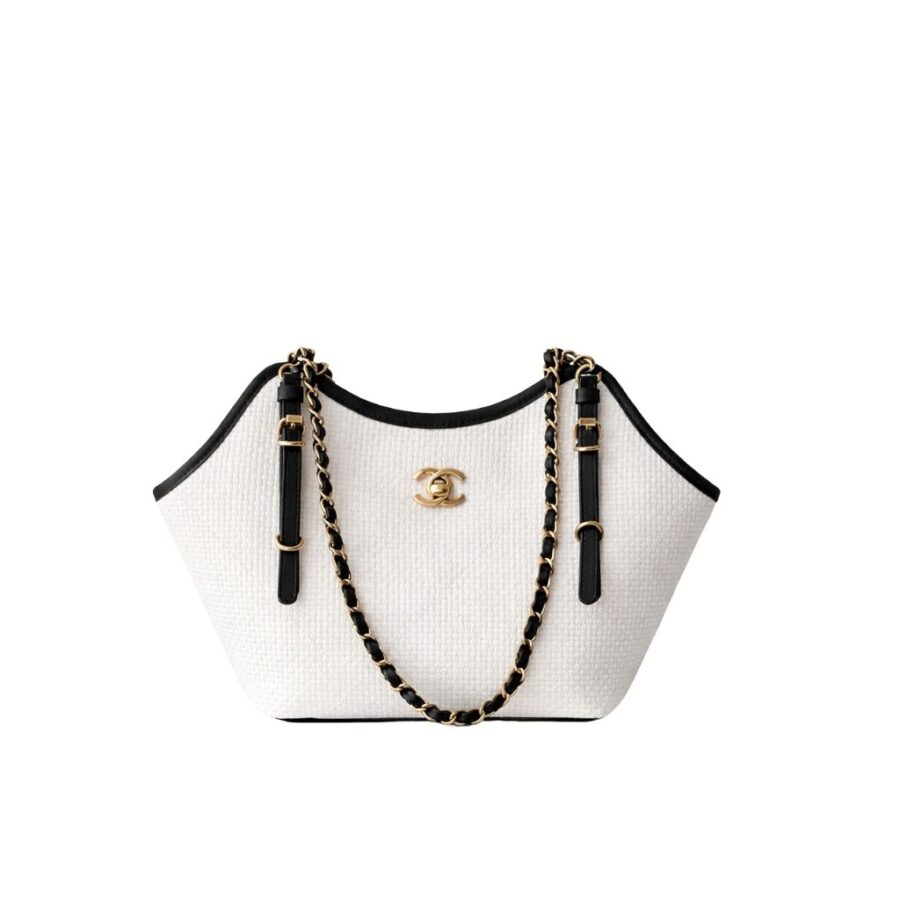 Chanel Small Shopping Bag Braided Raffia White And Black 18Cm