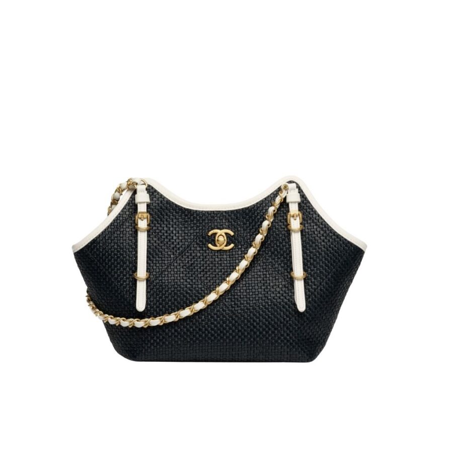 Chanel Small Shopping Bag Braided Raffia Black And White 18Cm AS6015 B22594 U5559