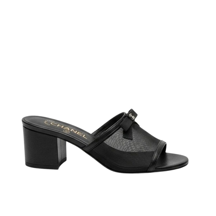 Chanel Mesh Bow Block Heel Mules Black